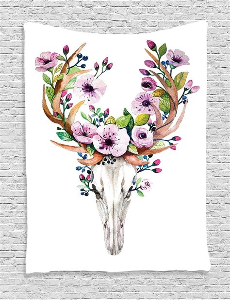 Thank you for visiting my shop. Deer Skull Flower Horns Wall Fabric Tapestry | Deer skull ...