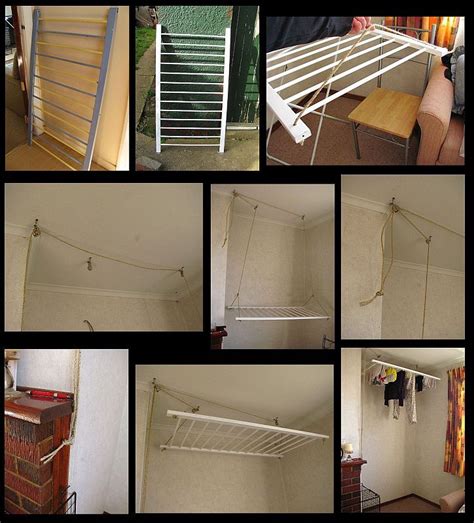 Tutorials and inspiration for building your own clothes drying structures. Re-purposed cot side; turned into a ceiling-mounted clothes airer. | Laundry room diy, Laundry ...