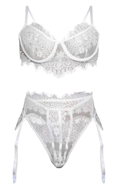 White Floral Lace Binding 3 Piece Lingerie Set Prettylittlething Usa