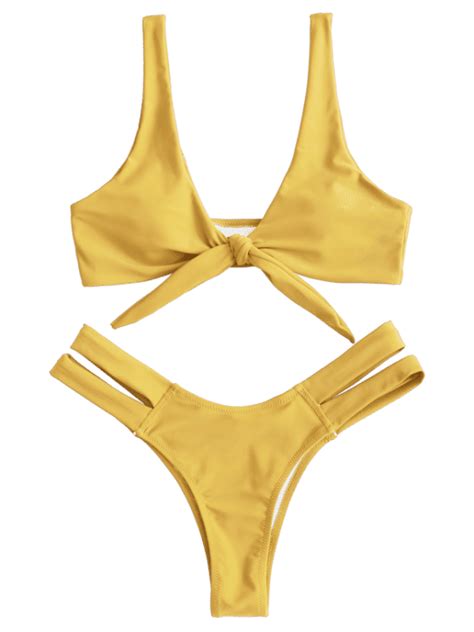 Zaful Cutout Tie Front Bikini Set Sun Yellow S Bikini Set Thong