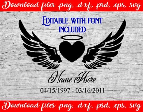 Svg In Memory Angel Wings Heart Halo Editable Memorial Digital Etsy