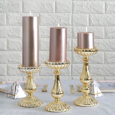 Set Of 3 Mercury Glass Gold Pillar Candle Holders Taper Candle