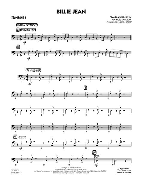 Billie Jean Trombone 3 Sheet Music John Berry Jazz Ensemble