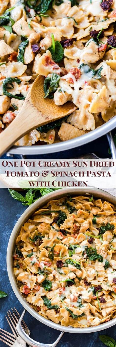 Pour chicken stock and wine over top. One Pot Creamy Sun Dried Tomato and Spinach Pasta with ...
