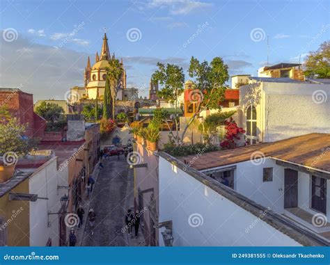 Aerial Drone Shot From Narrow Street In San Miguel De Allende Cathedral