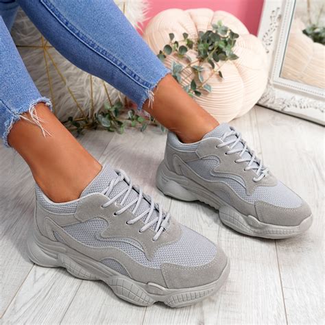 WOMENS LADIES WIDE FIT CHUNKY TRAINERS LACE UP RUNNING SNEAKERS WOMEN ...