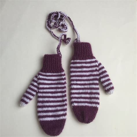 Adult Purple And White Striped Mittens On A Stringcord