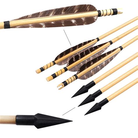 Huntingdoor 6 Pcs Archery Wooden Arrows With Natural Feathers 32 Inch
