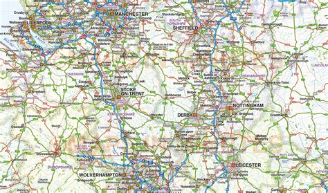 central england county road and rail map @1,000,000 scale in
