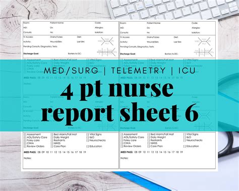 Med Surg 4 Patient Nurse Report Sheet Nurse Brain Day Night Noc Shift Handoff Rn Lvn Telemetry