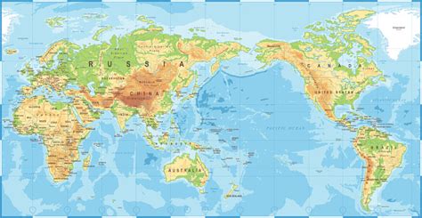 Political Physical Topographic Colored World Map Pacific Centered Stock