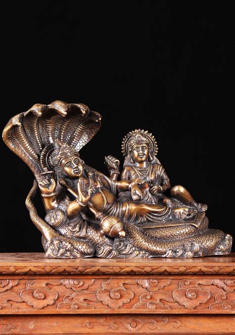 Brass Hindu God Vishnu The Preserver Lakshmi Laying On Ananta Sesha