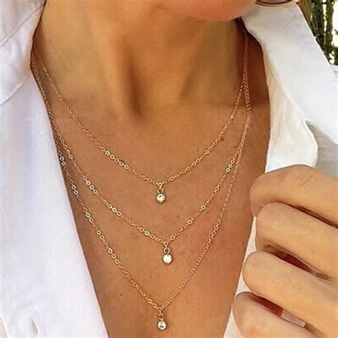 Boho Gold Color Multilayer Chain Crystal Pendant Necklace Women Statement Necklace In Pendant