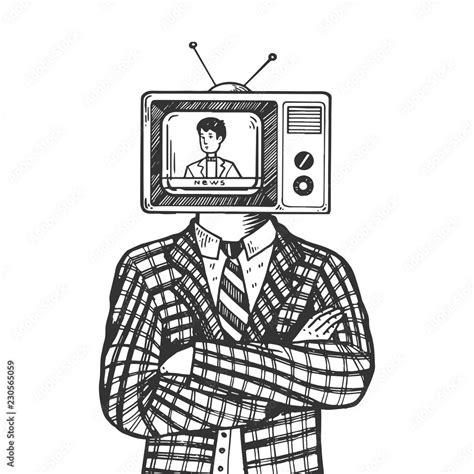 Tv Head Of Man Engraving Vector Illustration Scratch Board Style