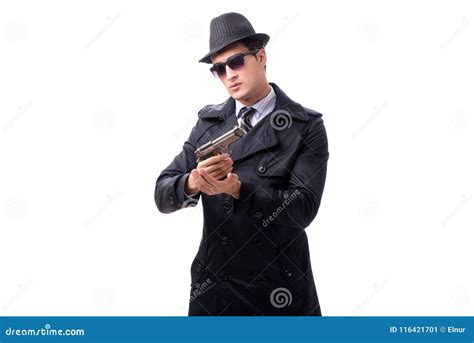 The Man Spy With Handgun Isolated On White Background Stock Image