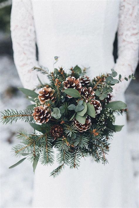 Winter Wedding Bouquets With Greenery Pine Cones And Branches Meltem