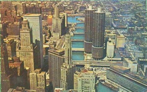 Postcard Chicago Chicago River Part Of Skyline Marina City Aerial Looking W Mid