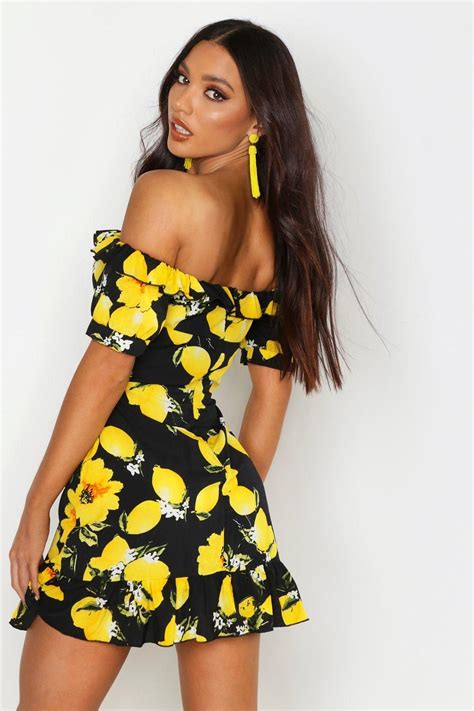 Womens Off The Shoulder Lemon Print Mini Dress Black 10 Mini