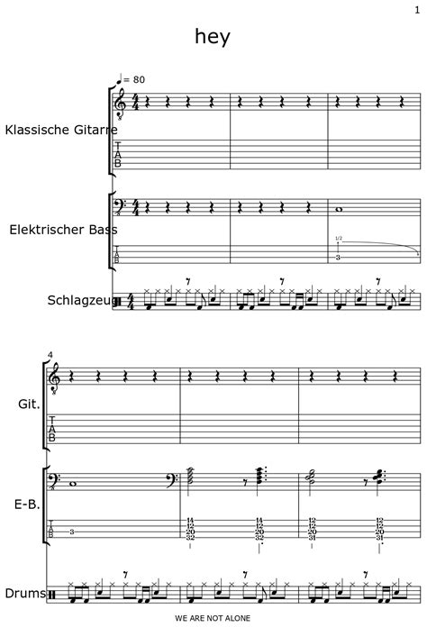 Hey Sheet Music For Classical Guitar Electric Bass Drum Set