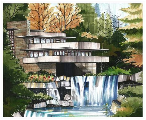 Falling Water House Frank Lloyd Wright Marker Sketch Markers Drawing