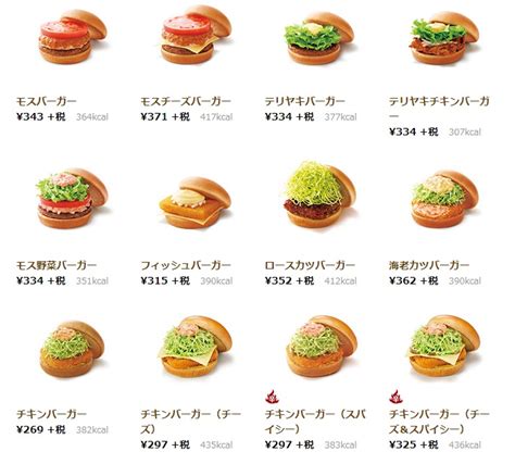 モスバーガー（mos burger）は、株式会社モスフードサービス（英称：mos food services, inc.）が展開する日本発祥のハンバーガー（ファストカジュアル）チェーン、および同店で販売されているハンバーガーの名称である。 優雅 モスバーガー メニュー カロリー - 画像 jp