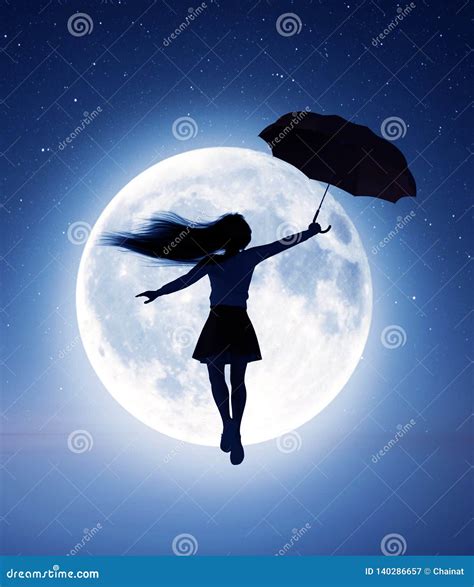 Girl Flying With An Umbrella To The Moon Stock Illustration