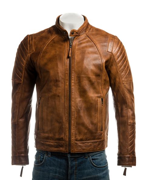 Men S Tan Vintage Biker Style Leather Jacket With Shoulder Men