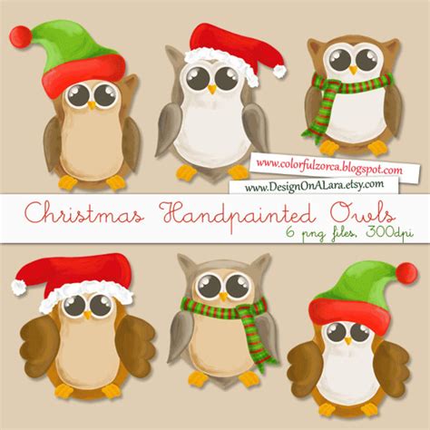 Christmas Hand Painted Owl Clip Art Digital Owl Clipart Owls Etsy