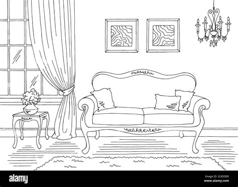 Living Room Graphic Black White Classic Home Interior Sketch