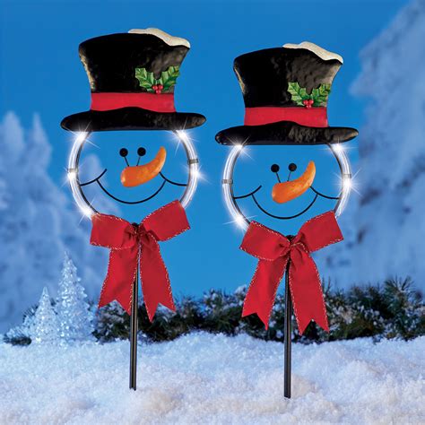 Solar Glowing Snowman Yard Stakes Set Of 2 Outdoor Holiday