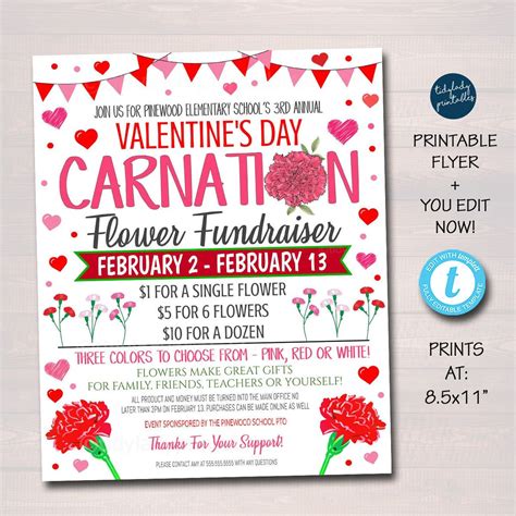 Valentines Day Carnation Flower Fundraiser Flyer Printable Invite