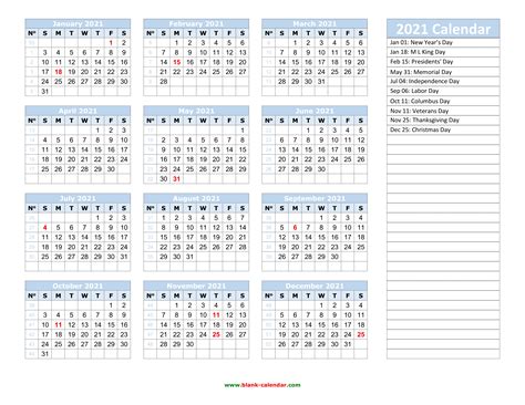 Yearly Calendar 2021 Free Download And Print