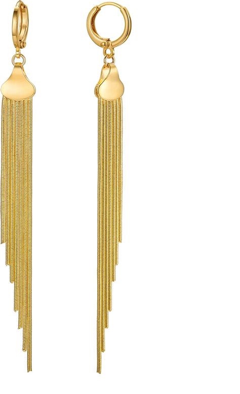 Long Tassel Dangle Earrings 18k Gold Plated Metal Chain Drop Earrings Minimalist Huggie Hoop