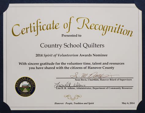 Country School Quilters Certificate Of Recognition