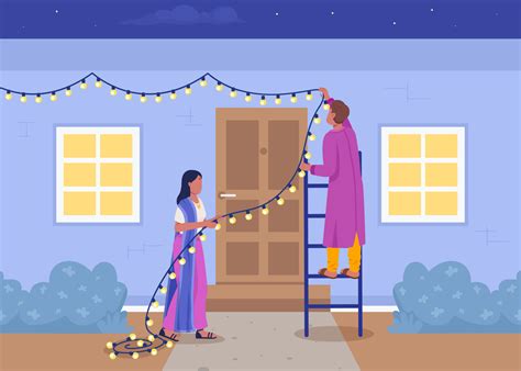 Couple Decorating House For Diwali Flat Color Vector Illustration