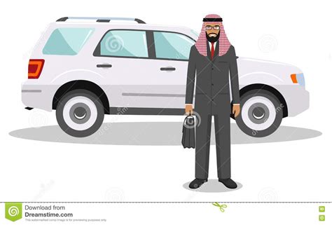 Arab Businessman Standing Near The Car On White Background In Flat
