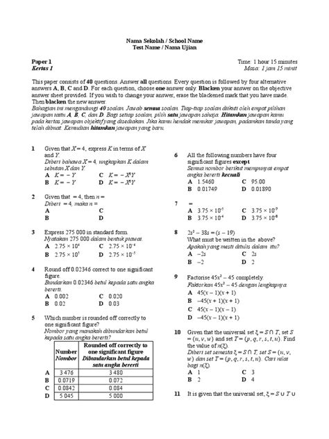 Soalan Matematik Tingkatan 4