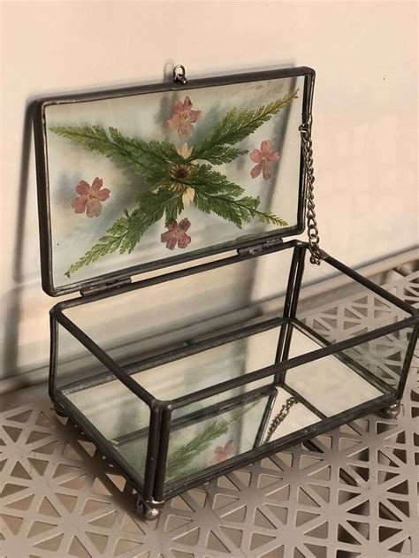 Vintage Glass Trinket Jewelry Box Dried Pressed Flowers International Silver Co Ebay
