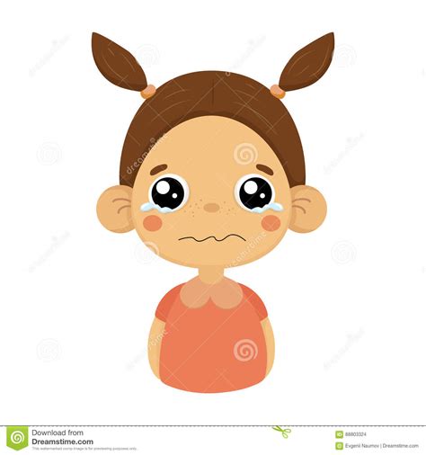 Crying Little Girl Flat Cartoon Portrait Emoji Icon With Emotional