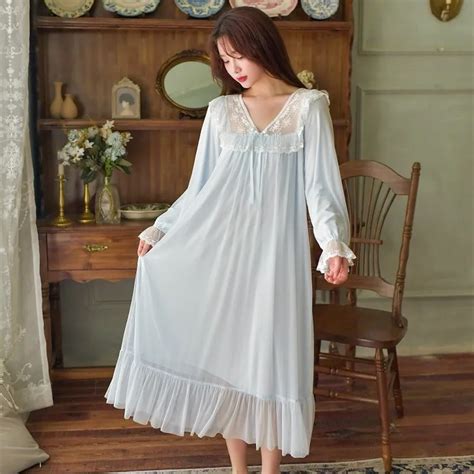 Soft Modal Womens Lace Long Nightgowns Vintage White Lace Princess Long Sleeve Long Sleepwear