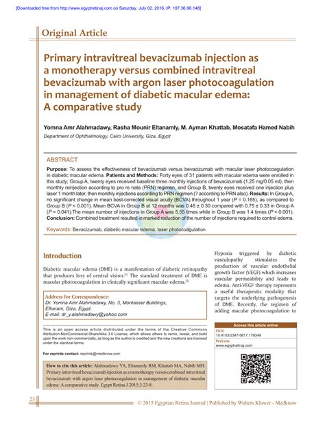 Pdf Primary Intravitreal Bevacizumab Injection As A Monotherapy