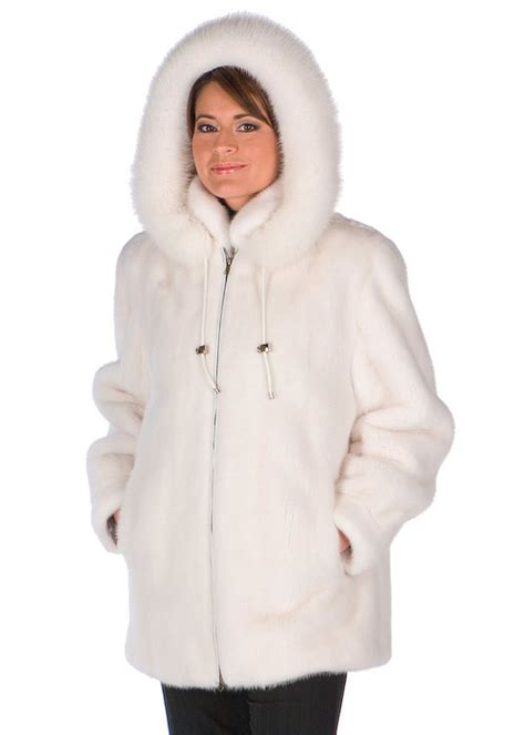 White Mink Fur Hooded Jacket- White Fox FurTrim – Madison Avenue Mall Furs
