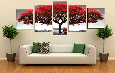 Unframed 5 Panels Large Red Tree Painting Modern Home Wall Decor For