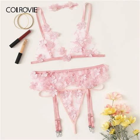 Colrovie Pink Applique Sheer Lace Lingerie Set With Choker Women See Through Intimates 2019