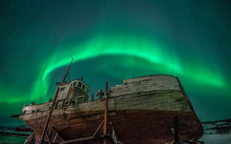 Aurora Borealis Northern Lights Night Green Stars Boat