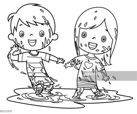 Coloring Book Kids Playing In Mud High Res Vector Graphic Getty Images