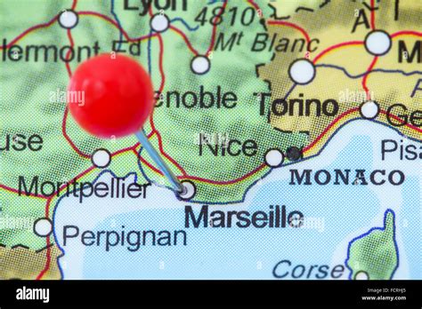Close Up Of A Red Pushpin In A Map Of Marseille France Stock Photo