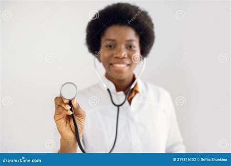 Focus On Stethoscope Blurred Close Up Portrait Of Happy African