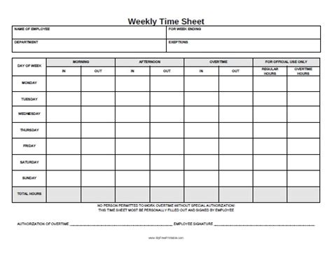 Weekly Time Sheet Form Free Printable