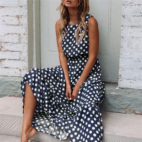 Long Sleevless Polka Dot Print Sundress Polka Dot Maxi Dresses Style